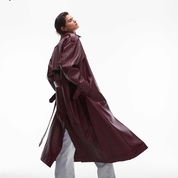 Topshop textured faux leather trench coat in burgundy NWOT Size 8-10 - Picture 3 of 11